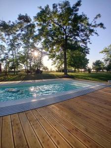 a swimming pool with a wooden deck and a tree at Kőris Tanya in Hódmezővásárhely
