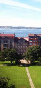 a view of a large building with a grass field at Fria Bad in Helsingborg