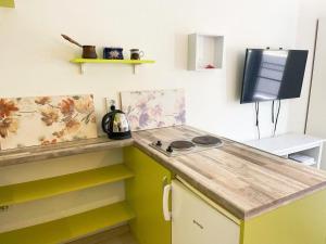 eine Küche mit einer Arbeitsplatte und einem Herd in der Unterkunft Studio Green Rublyovka in Warna