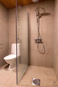 Un baño con ducha y WC. en Villa Suunnikas by Hilla Villas, en Ylläsjärvi