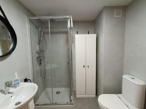 a bathroom with a shower and a toilet and a sink at Apartamento Oreja de Oso Benasque Inmocyma in Benasque