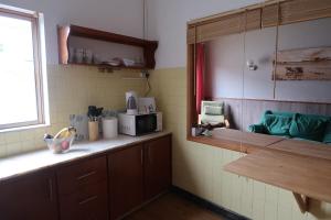 eine Küche mit einer Arbeitsplatte mit Mikrowelle in der Unterkunft Cosy 3 bedroom house close to the beach in Vila Praia de Âncora