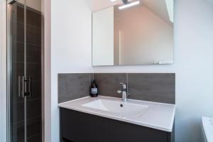 Un baño con lavabo, espejo y ducha. en Le Haut du Nelud - Appt dans maison avec jardin, en Locmariaquer 7 fotos más