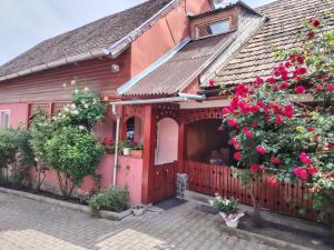 a red house with flowers in front of it at Margit kulcsoshaz in Rareş