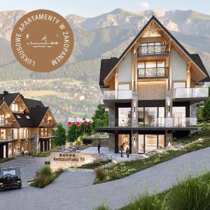 ein Bild eines Gebäudes mit Bergen im Hintergrund in der Unterkunft Jaszczurówka 33 Aparthotel & SPA in Zakopane