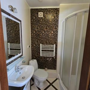 a bathroom with a toilet and a sink and a shower at dom wczasowy in Orchówek +37 photos