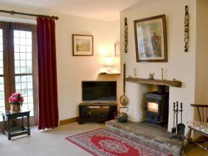 a living room with a fireplace and a television at Townfield Farm in Chinley