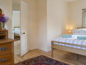 a bedroom with a bed and a mirror at Winscott Cottage in Pyworthy