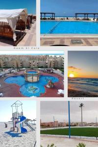 eine Collage mit Fotos eines Resorts mit Pool in der Unterkunft Doblex Beach Chalet with Private Garden in Reem ElFala Resort in El-Alamein