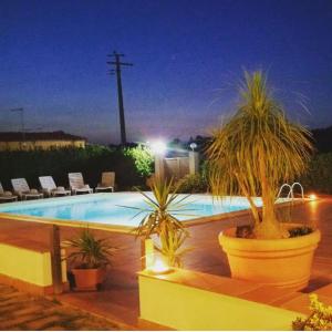 a swimming pool with two potted plants next to it at Locanda Rurale Santa Marta in Avola