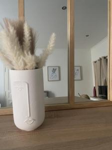 un vaso bianco con piume davanti a uno specchio di Studio Boho-Chic en centre ville a Moulins Altre 21 foto