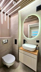 イワヴァにあるComfort Rooms Iławaの洗面台、トイレ、鏡のあるバスルーム