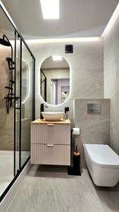 イワヴァにあるComfort Rooms Iławaの洗面台、トイレ、鏡のあるバスルーム