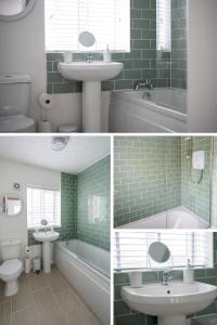 three pictures of a bathroom with a sink and a toilet at Falcon Cottage in Sleaford +7 photos