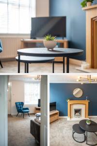 two pictures of a living room with a table at Falcon Cottage in Sleaford