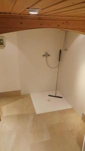a room with a shower in the corner of a wall at Alte Schmiede in Oldenburg +39 photos