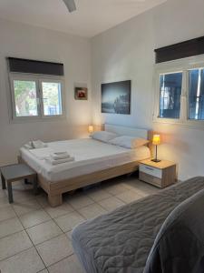 a bedroom with a large bed and two windows at ARAΖΩ villa - irakleia in Irakleia