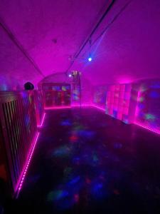 an empty room with pink and purple lights at Swiss Art & Vine Pop-Up House in Biel