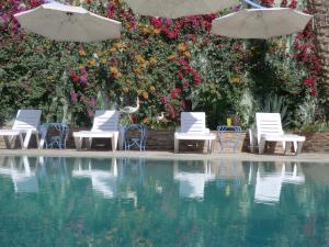 un gruppo di sedie e ombrelloni accanto alla piscina di Riad Dar Dzahra a Taroudant