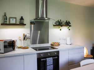 a kitchen with a sink and a stove at Gwynant Lodge - Uk47608 in Caernarfon