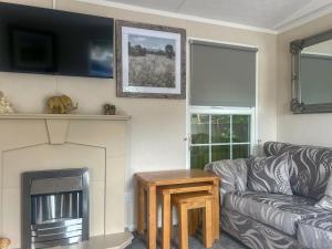 a living room with a couch and a fireplace at Meadows Farm Lodge - Uk47614 in Gorseinon