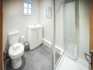 a bathroom with a toilet and a glass shower at Borrowdale View - Uk45176 in Threlkeld