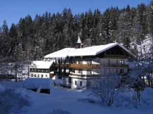 un grand bâtiment avec de la neige au-dessus dans l'établissement Gasthof Mühle – Natur- & Wanderhotel, à Rinchnach