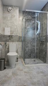 Un baño con inodoro y ducha de cristal. en Byala Cliff Sea View Suite, en Byala