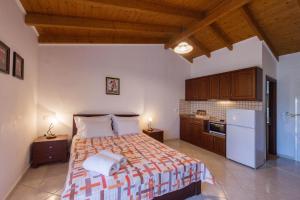 a large bedroom with a bed and a kitchen at Kefalas Apartments in Parga