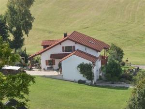 a white house with a brown roof on a green field at Ferienwohnung Ott in Weißenburg in Bayern