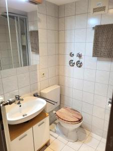 a bathroom with a toilet and a sink at Ferienwohnung Zum Hochgrat in Oberstaufen +10 photos