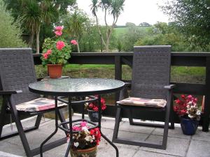 ein Tisch und zwei Stühle und ein Tisch mit Blumen in der Unterkunft Mill Cottage, Marsh Mills in Aveton Gifford
