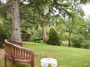 eine Holzbank im Gras neben einem Baum in der Unterkunft Mill Cottage, Marsh Mills in Aveton Gifford + 4 Fotos