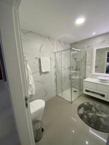 Un baño con inodoro, ducha y lavabo. en Lux House, en Ferreira