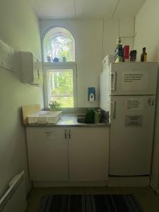 a kitchen with a white refrigerator and a window at Hostel Ukonlinna in Imatra