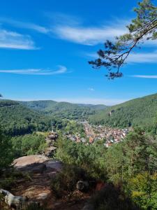 a view of a town from a mountain at Fels- und Seenland in Ludwigswinkel