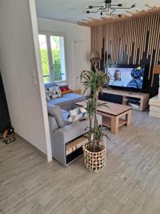 Una sala de estar con un sofá y un televisor. en Les Foyers, en Bretteville-sur-Odon