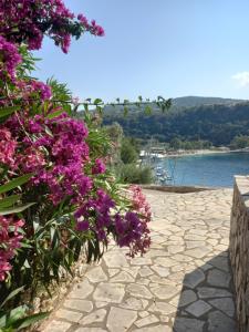 a walkway with purple flowers and a body of water at Rocka View in Meganisi