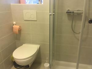 een badkamer met een toilet en een douche bij Hostel Piran in Piran