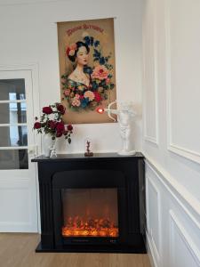 a fireplace in a living room with a picture on the wall at VENI VEDI VICHY climatisé, 50m2 coeur de ville in Vichy