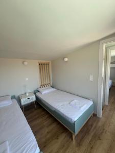 1 Schlafzimmer mit 2 Betten und einem Nachttisch in der Unterkunft springs suites no2 in Kato Alepochori
