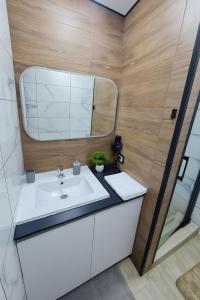 a bathroom with a white sink and a mirror at KUZINATRA Apartament in Slănic-Moldova +12 photos