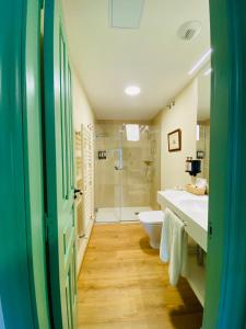 un bagno con doccia, WC e lavandino di Posada La Torre de La Quintana a Liendo Altre 37 foto