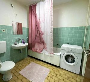 a bathroom with a washing machine and a sink at Workers Apartment Duisburg in Duisburg +39 photos