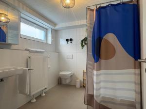 a bathroom with a shower curtain and a toilet at SchwarzwaldQuartier Dobel in Dobel