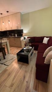 プロブディフにあるCosy apartment 11Mins Centerの赤いソファとテーブルのあるリビングルーム