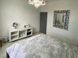 a bedroom with a bed and a mirror on the wall at New York Apartment in Sheffield