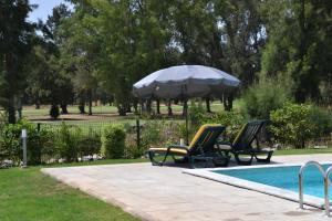 Dos sillas y una sombrilla junto a una piscina. en Casa Penina, en Alvor