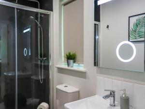 a bathroom with a toilet and a sink and a shower at Dinas Lodge - Uk47607 in Caernarfon +3 photos