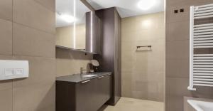un baño con lavabo y espejo en Stylish stay in downtown Rvk, en Reikiavik